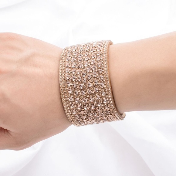 Rhinestone Studded Cuff Bracelet, Tan - Picture 2 of 3